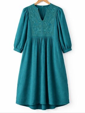 Sundance Easy Sukra Teal Embroidered Bodice Cotton High Low Beachy Peasant Dress